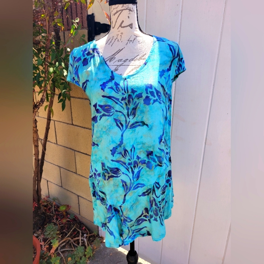 Soft Surroundings‎ Blue Hawaiian Floral Print Rayon Tunic Top Size S